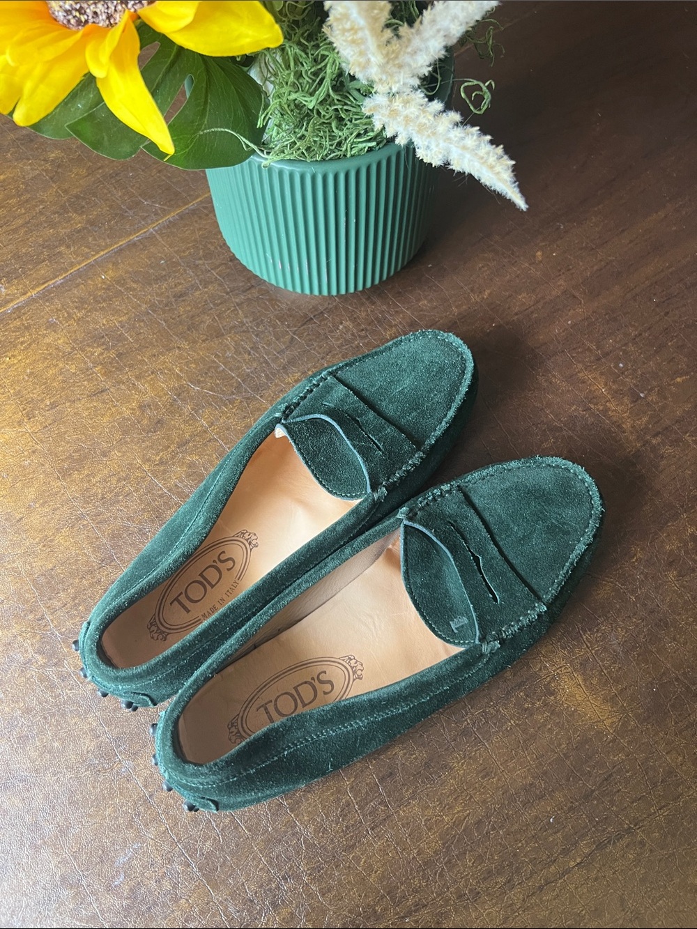 TOD'S Dark Green Suede Penny Loafers